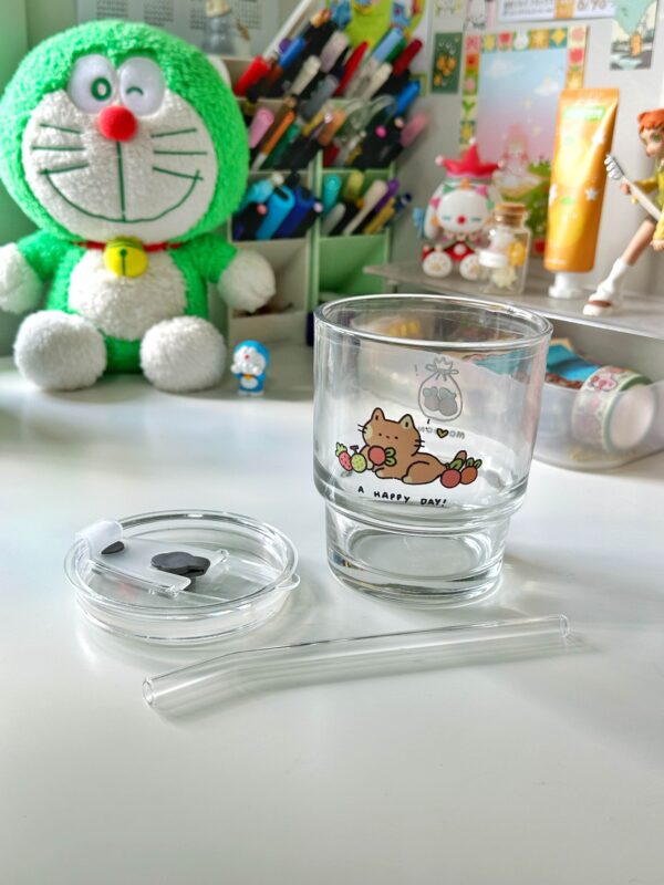 Happy Day Latte Glass Cup | Pebbles the Cat - Image 3